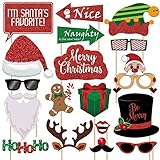 Glitter Christmas Photo Booth Props Kit - 25 Count Large Photography Party Decorations Gifts, Fun Santa Elfie Selfie Posing Signs DIY Craft Backdrop Accessories for Birthday New Year Holiday