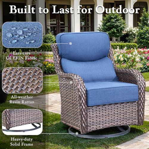 Luxury High Back Outdoor Furniture with 6-inch Extra Thick Cushions, Patio Furniture Set with Swivel Chairs, 7 PCS Wicker Conversation Set for Yard, Deck, Poolside, Brown/Blue - Image 7