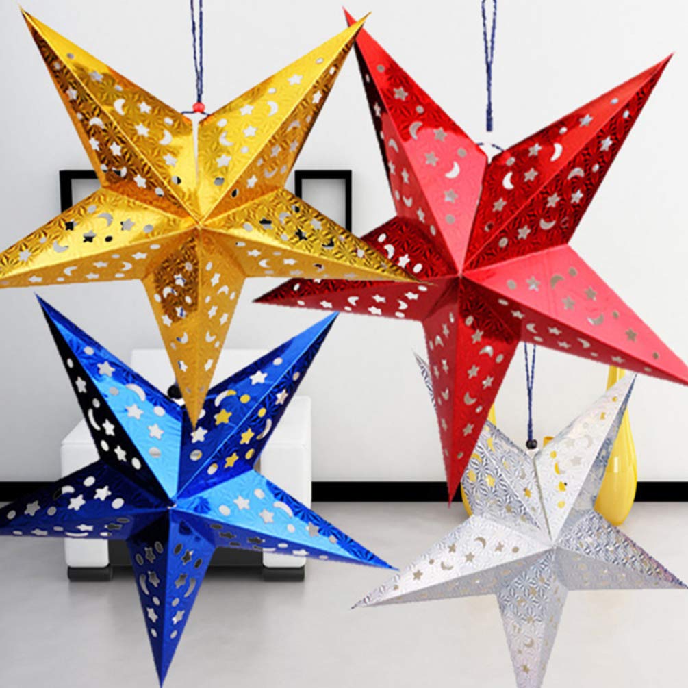 Lurrose 5 Pack 11” Paper Star Lantern Lampshade, Hollow Out Design Paper Star Lantern Decoration Hanging Christmas Xmas Day Decoration for LED Light for Weddings,Home Decor, Party Celebration(Silver)