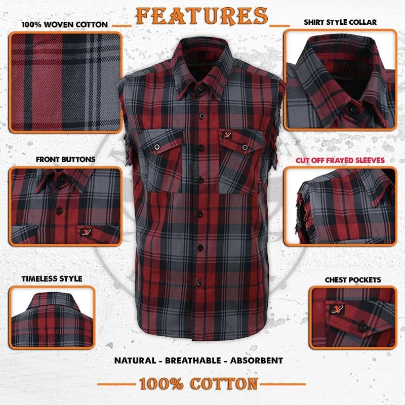 Milwaukee Leather MNG11696 Men’s Classic Black and Grey with Red Button-Down Flannel Cut Off Frayed Sleeveless Casual Shirt - Image 3
