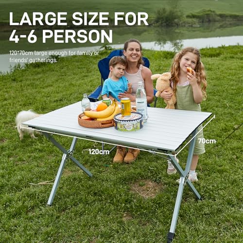 EVER ADVANCED 120X70CM Folding Camping Table with Slatted Top, Aluminium Roll Up Table Height Adjustable, Fold Up for 4-6 People, Folding with Carrying Bag for Picnic Garden BBQ, Sliver - Image 4