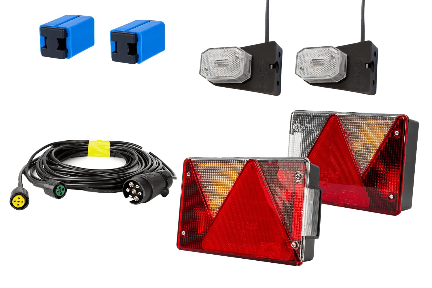 Set Fanali Posteriori Aspöck Multipoint IV 6 Funzioni e Ingombro Flexipoint I con Cablaggio Elettrico Mantes 5,2 Metri 7 PIN Connettori Rapidi 12V 24V per Rimorchio Camion Carrello Bisarca