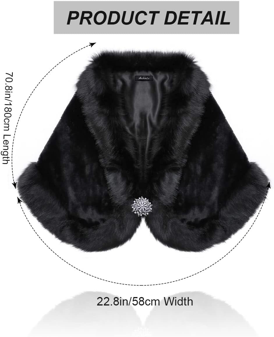 Aukmla Wedding Faux Fur Shawls and Wraps Bridal Fur Coat Winter Cape Stole with Rhinestones Brooch for Brides and Women - Image 3