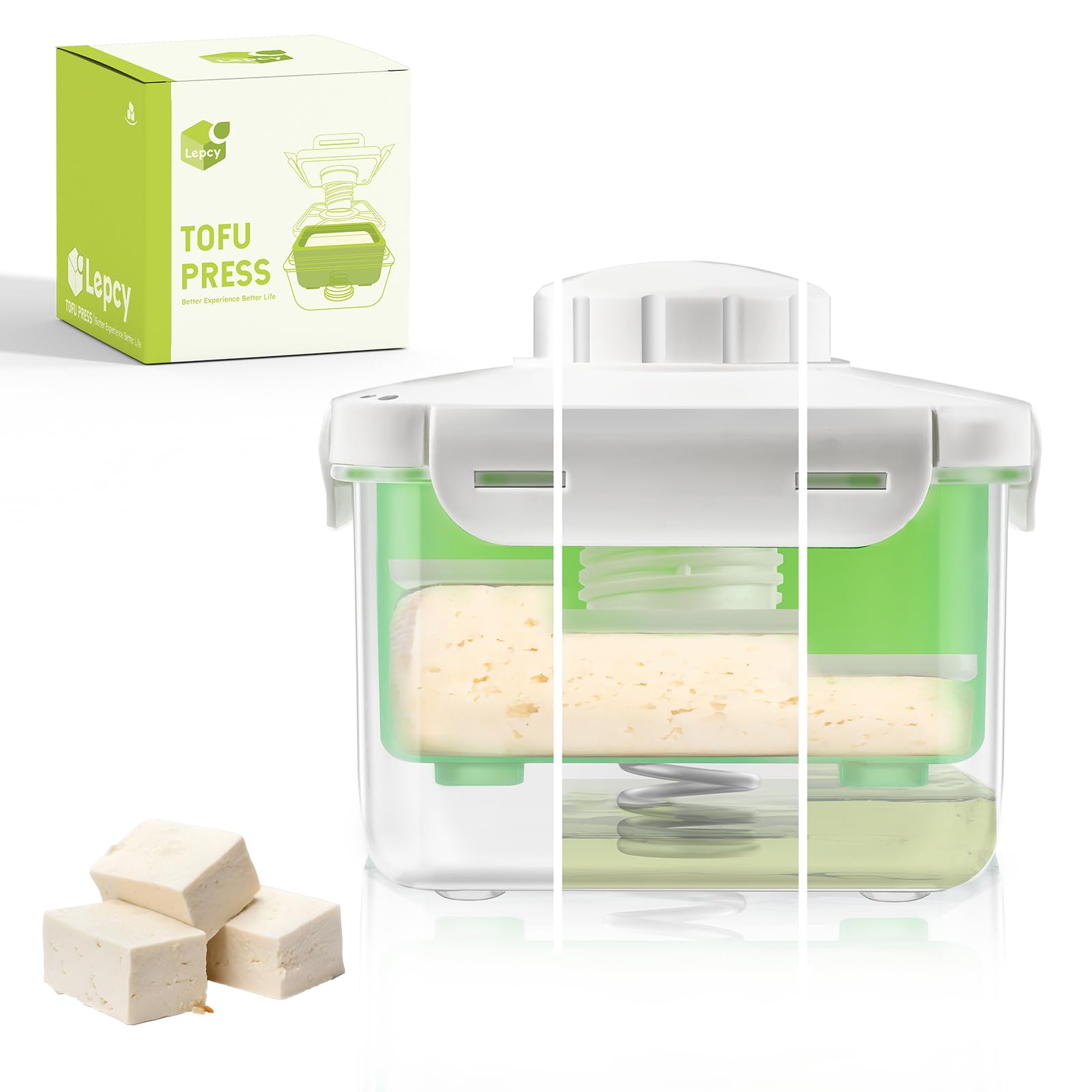 LEPCYAdjustable Tofu Press for 8-12 OZ Firm and Extra Firm Tofu. Double Pressure Along with Built-in Drainage System and Free Package Opener. Dishwasher Safe and BPA Free, Refrigerator Friendly.