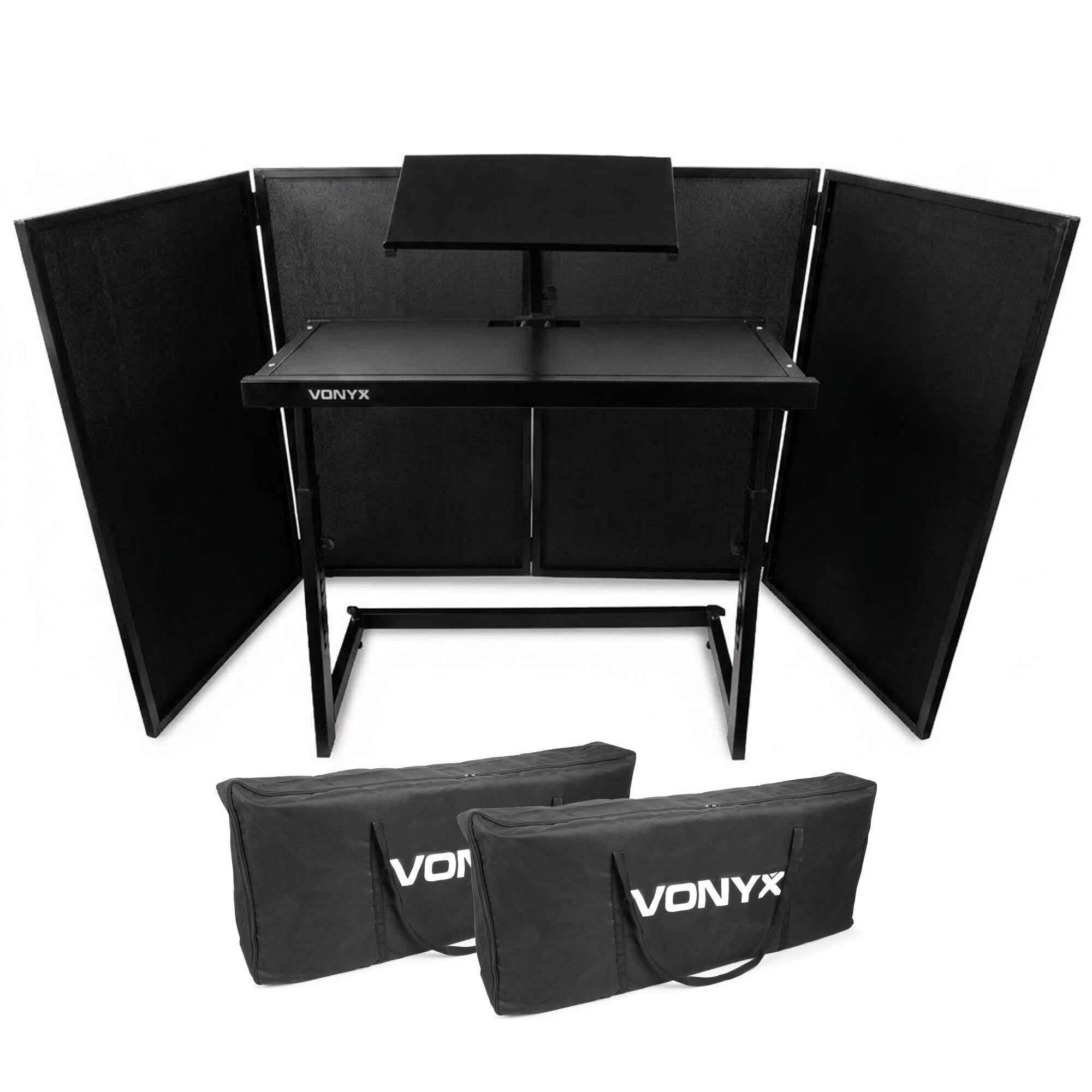 Vonyx DB10 Mobiler DJ-Tisch mit DB2B Faltbarem Screen und Taschen – Stabiles Aluminium, Lycra-Bespannung, klappbar, für mobile DJs und Events – Schwarz