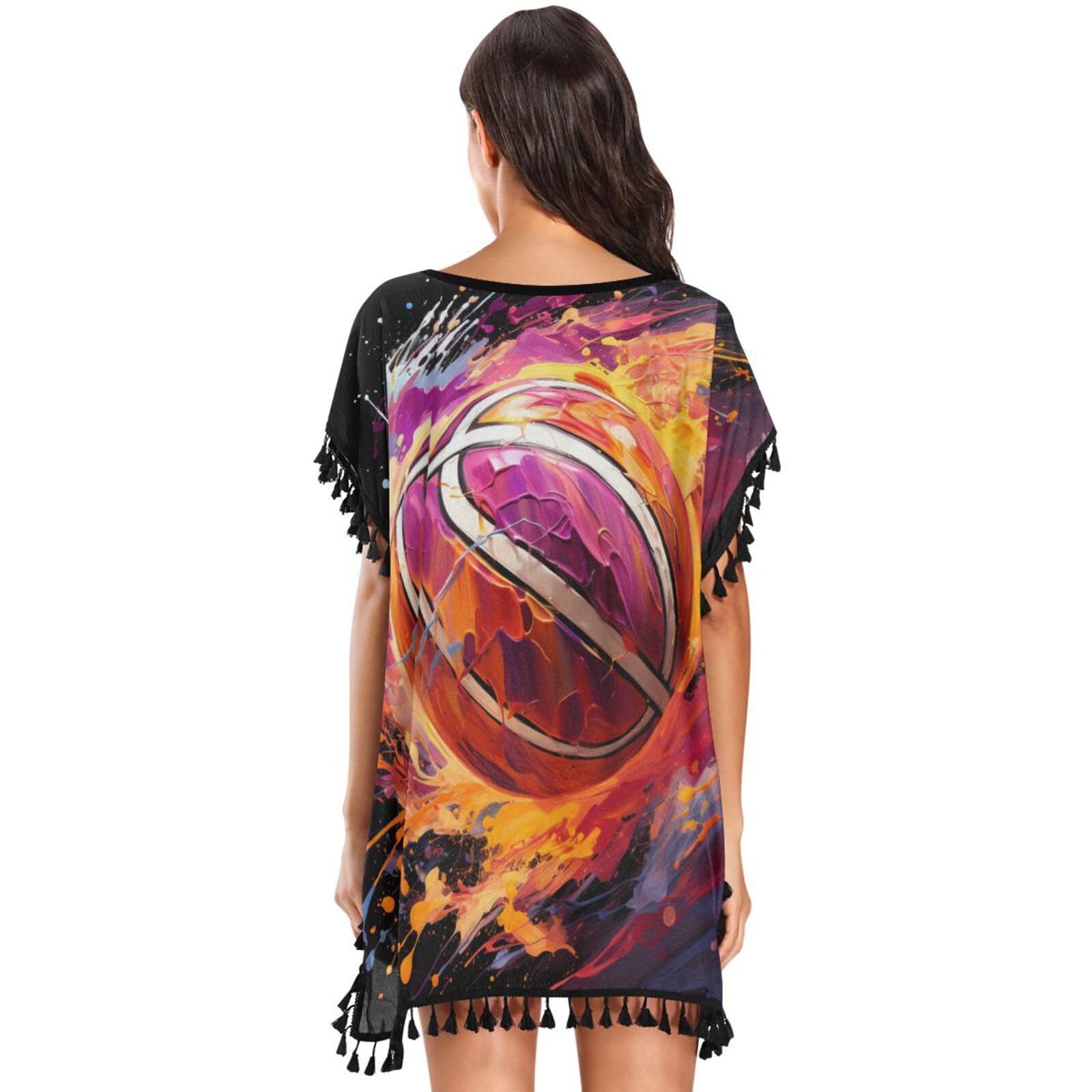 Pink Fire Basketball Art Women's Beach Cover Up Chiffon Tassel Swimwear Swimsuit Coverups for Girl