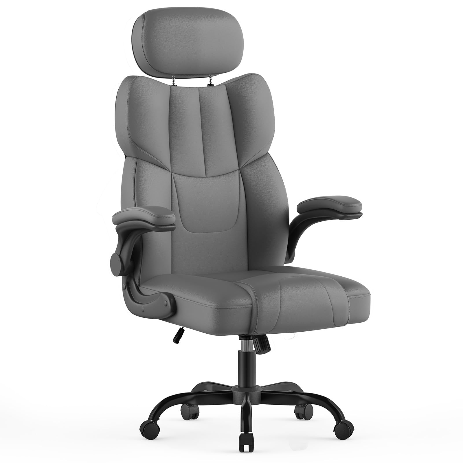 naspaluro Silla de Oficina, Silla de Escritorio Ergonómica, Silla Giratoria con Función de Inclinación, Apoyabrazos Plegables, Silla Ordenador de Cuero PU con Reposacabezas Ajustable, Gris Oscuro