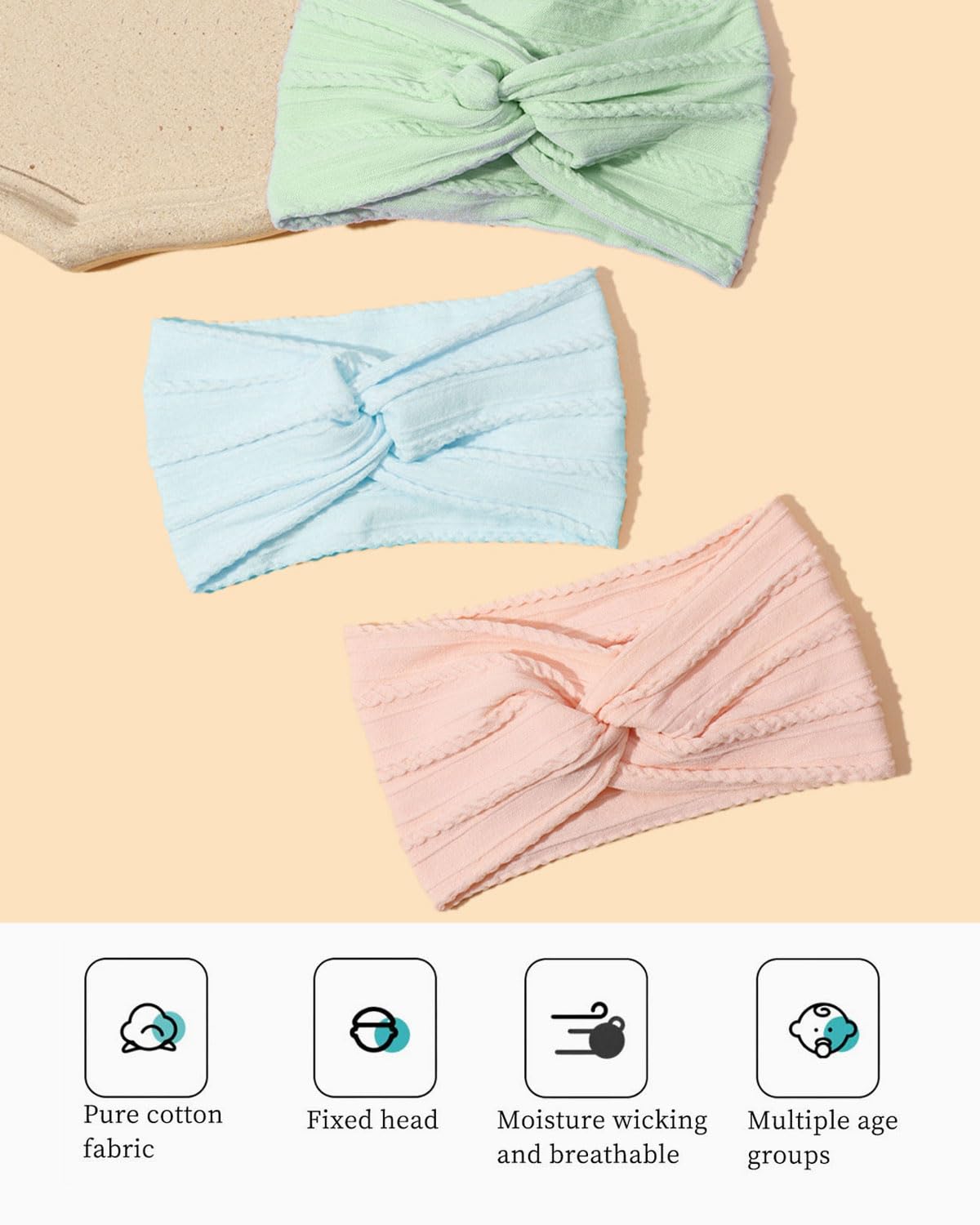 Lot de 3 bandeaux pour bébé fille, bandeau bebe fille 0-3 mois，bandeaux en pour bébé, doux et mignons (bleu + rose clair + vert)