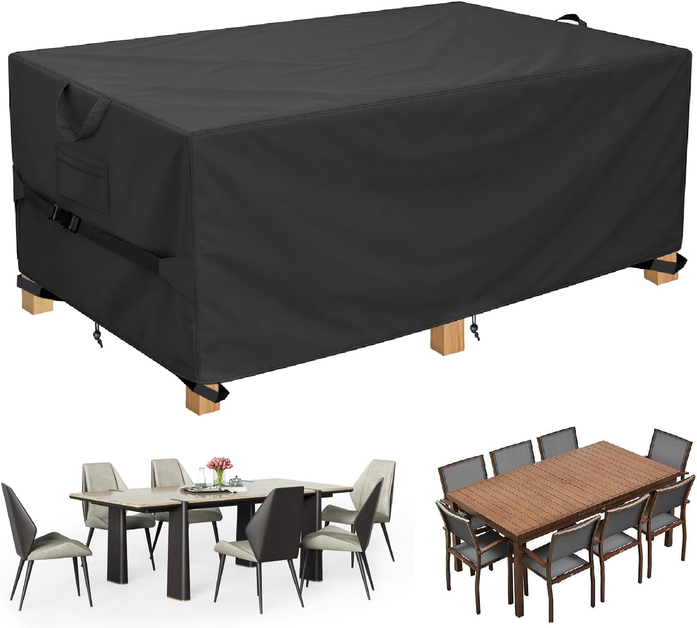 HAIGE Patio Furniture Cover Waterproof, 72" Rectangular Patio Table Cover, Heavy Duty 600D Outdoor Table and Chairs Cover, UV Resistant, Windproof with Air Vents, Drawstring & Buckle Straps, Black