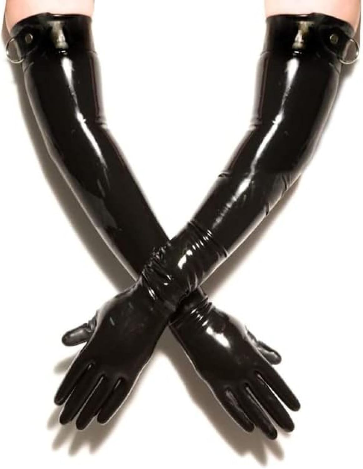 Black Sexy Arm Length Latex Gloves with D Rings at Top Long Rubber Mittens,Black,XL