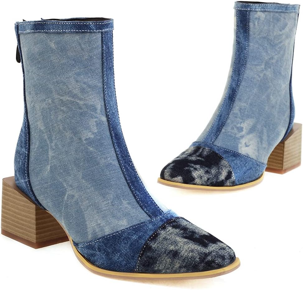 VOKLIN Women's Square Toe Classic Western Ankle Boots Back Zipper Chunky Block Mid Heel Dress Short Booties