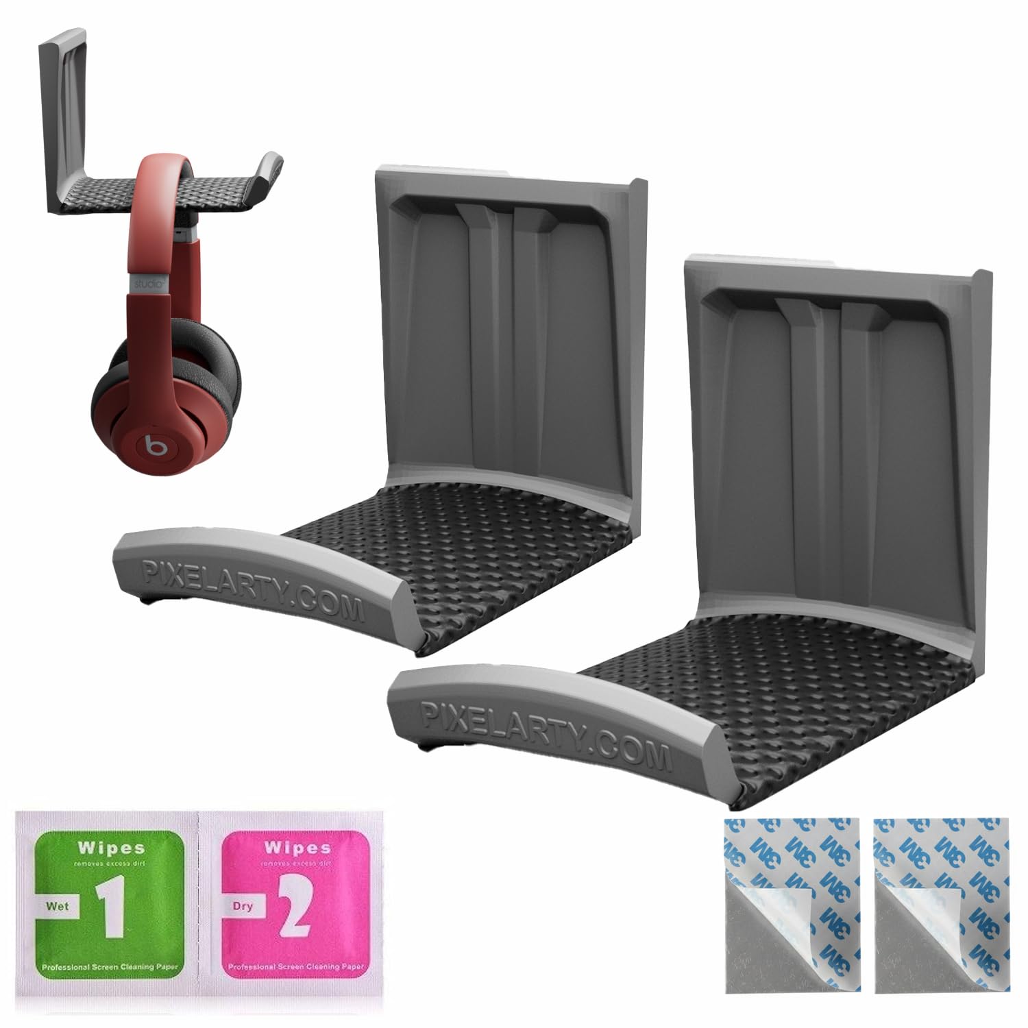 Headphone Holder for Desk, Strong 3M Adhesive Hanger with Soft Leatherette Cushion, Scratch-Free Headset Holder for Home & Office, (2, Grey)