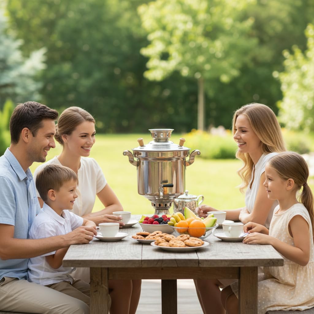 Samowar 5 L aus Edelstahl mit Schornstein Holzkohle Русский самовар на дровах Charcoal Tea Maker with Chimney Rohr Russischer Samovar