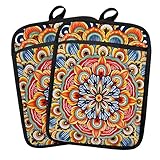 Fyecoluo Boho Vibrant Mandala Floral Pot Holders 2 Pack Set, Vintage Hinduism Spiritual Folk Lotus Flower Mandala Heat Resistant Oven Hot Pads for Kitchen Countertop Baking，064 Potholder