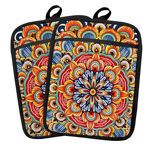 Fyecoluo Boho Vibrant Mandala Floral Pot Holders 2 Pack Set, Vintage Hinduism Spiritual Folk Lotus Flower Mandala Heat Resistant Oven Hot Pads for Kitchen Countertop Baking，064 Potholder