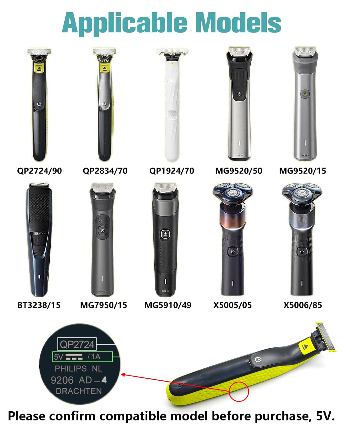 Chargeur USB 5V Compatible Philips OneBlade QP2724, QP2734, QP2824, QP2834, X3001, S3145, QP4530, S5885, MG5910, MG7910, BG5021 – Câble 1,5m Adaptateur Secteur Fiable