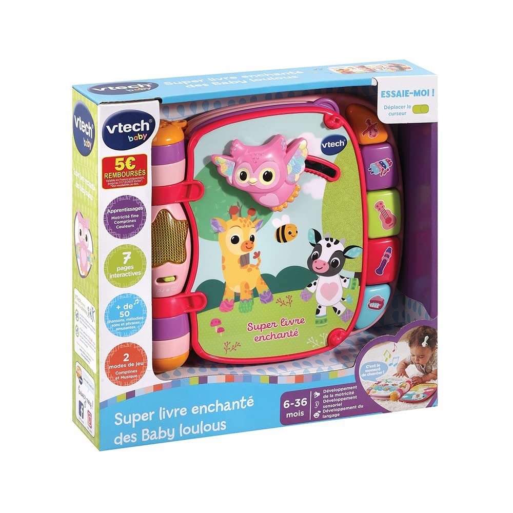 VTech - Super Livre Enchanté des Baby Loulous Rose, Livre interactif Bébé - 6 /36 Mois - Contenu en Français