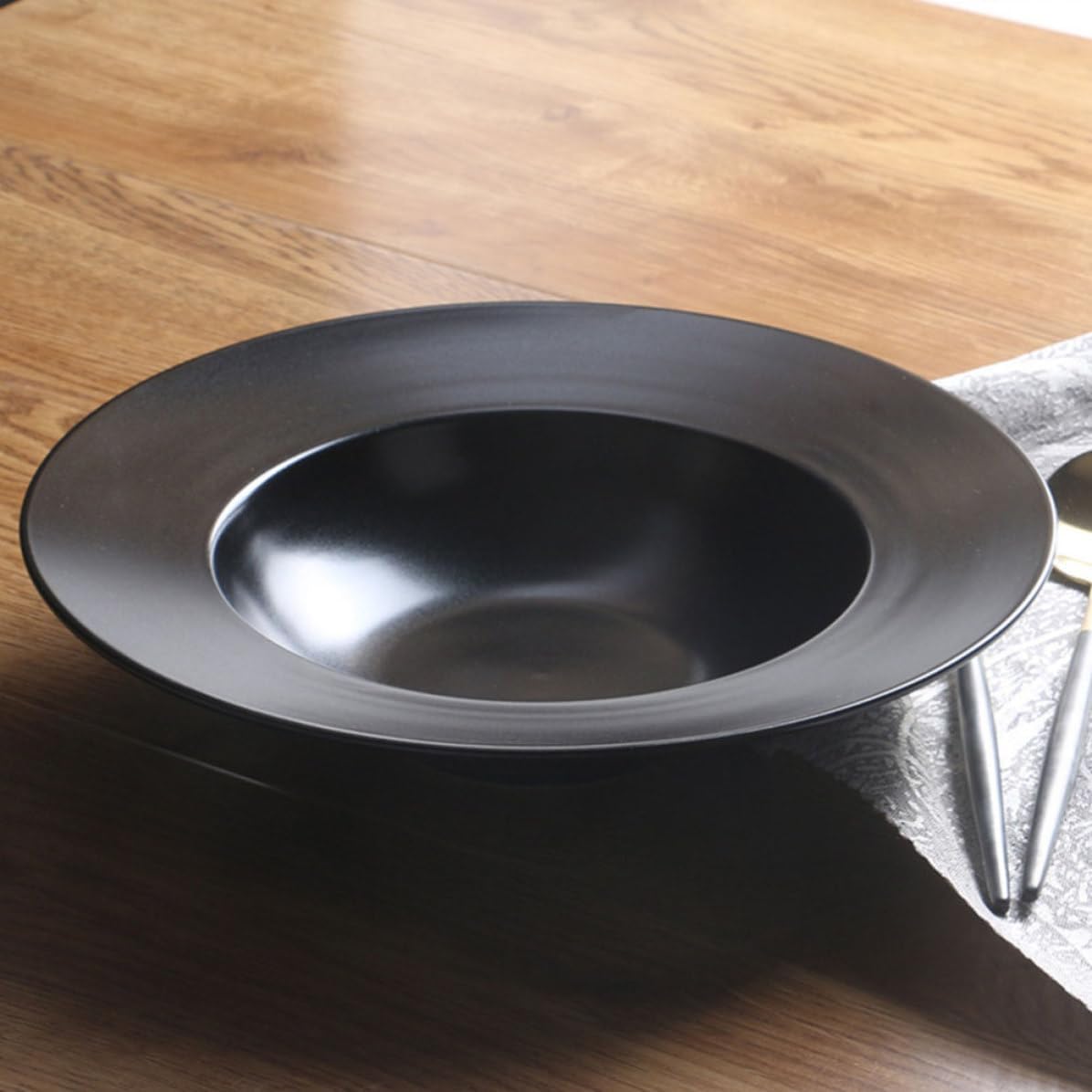 Yardwe Black Ceramic Pasta Plate with Smooth round Edge, Multi-function Food Serving Plate for Dinner and Camping, Easy to Clean, Delicate Simple Color Design