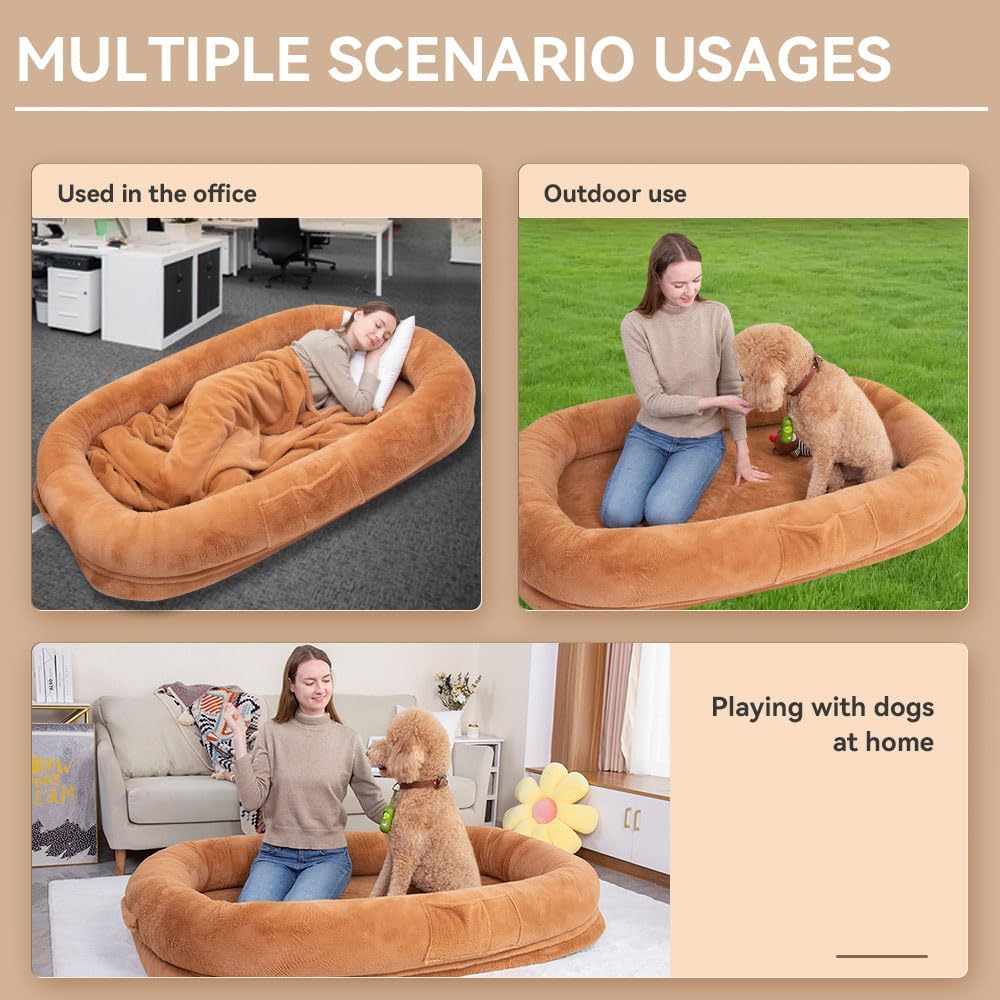 review Human Dog Bed 63”x36.6”x11” Large Dog Bed with Raised Cushioned Rim, Removable Cover, Waterproof Lining and Bonus Blanket; Washable-Luxury Fluffy Nap Bed (63