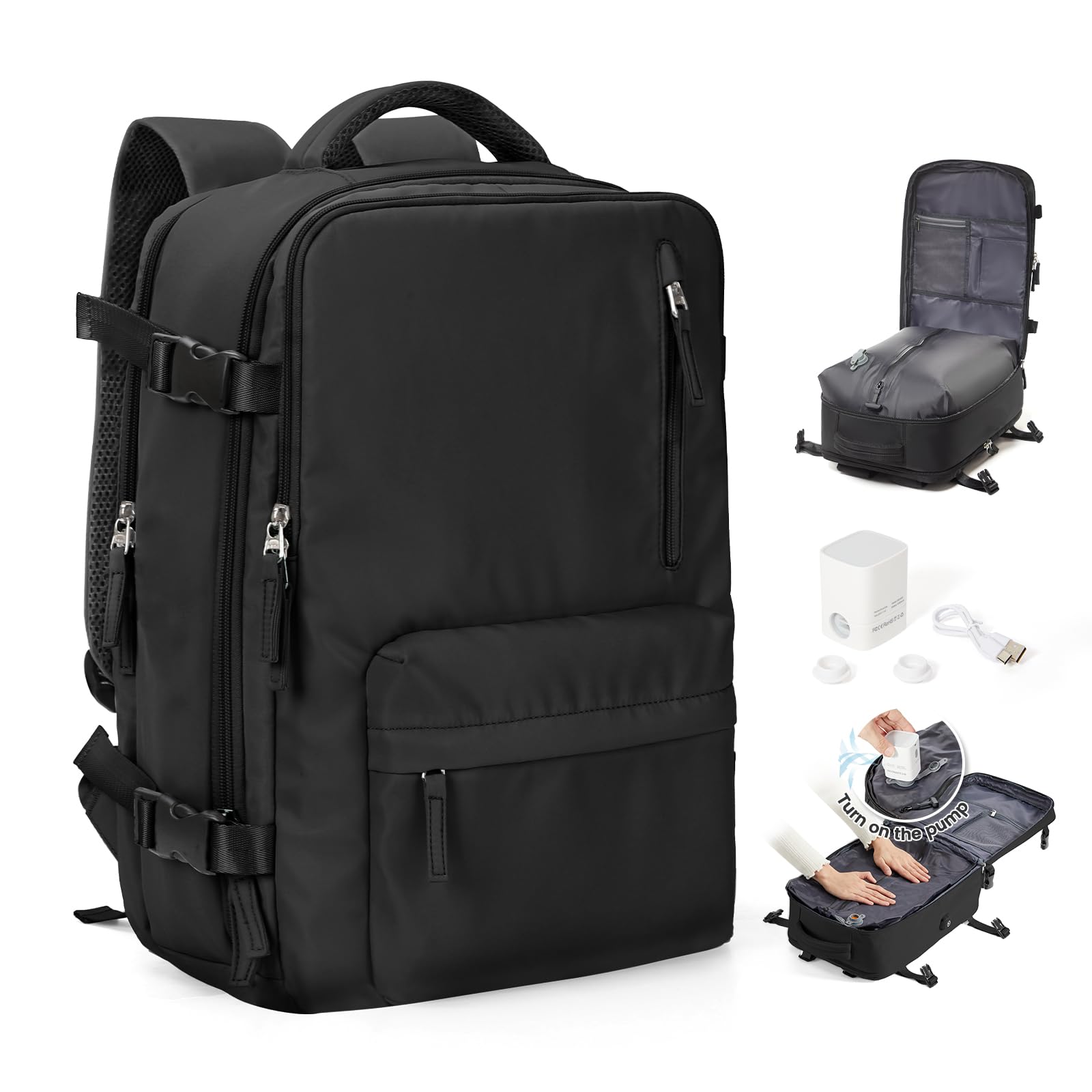 SEAFEW Sac à dos sous vide de voyage avec pompe, Cabine Avion Bagage cabine à main para Easyjet 45x36x20 avec compression pour homme et femme Sac de Voyage pour Week-End,G01-Noir