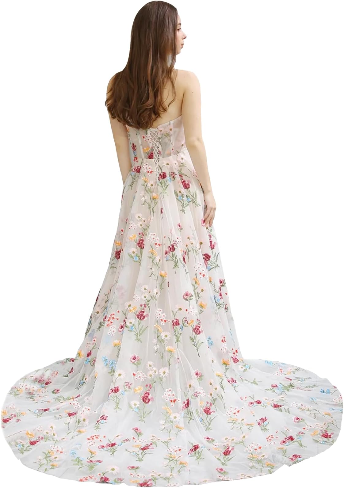 Women's Flower Embroidery Tulle Prom Dresses Corset Strapless Sweetheart A Line Fairy Formal Evening Party Gown