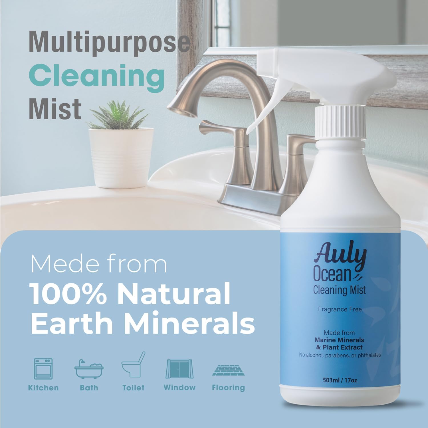 Auly Ocean Multi-Surface Cleaner Spray - Marine Mineral Solution for Grease & Grime - No Rinse Needed, Daily Household Cleaner for Kitchens & High Chairs (17 Fl Oz) image 2