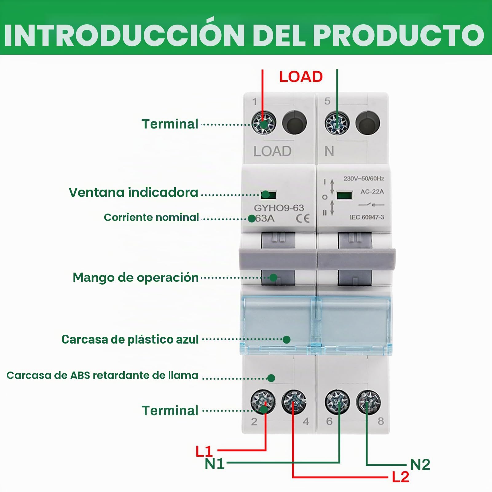 Interruptor de Transferencia, Interruptor de Separación Manual Dual Power DIN Rail Conmutador Manual 2P 230VAC 63A | Interruptor de separación de carga Dual Power DIN-Schiene Manueller Umschalter Transferschalter