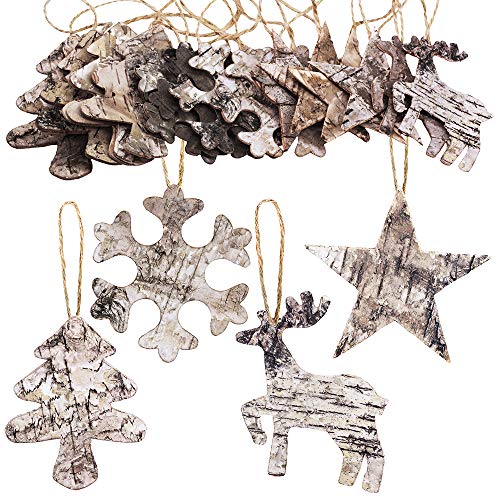 Supla 14 Pcs Rustic Birch Bark Wood Ornaments with String Natural Birch Bark Hangers Woodland Baubles Tree Star Snowflake Reindeer Cutouts Ornaments for Seasonal Wreath Garland Embellisment Gift Tags