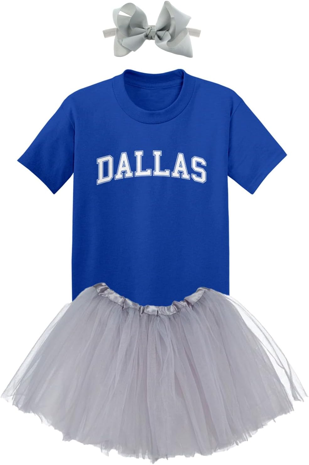 Dallas - State Proud Strong Pride Sports Toddler T-Shirt + Tutu Skirt + Bow Headband Set (Royal Blue T-Shirt/Silver Tutu, 4T)