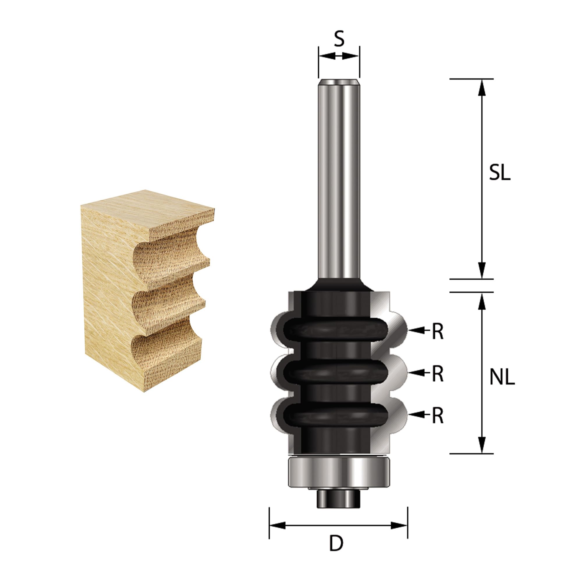ENT 14860 Frez dekoracyjny w wegliku, trzpien (S) 8 mm, srednica (D) 22,2 mm, NL 25,4 mm, R 3,2 mm, SL 32 mm, z lozyskiem kulkowym