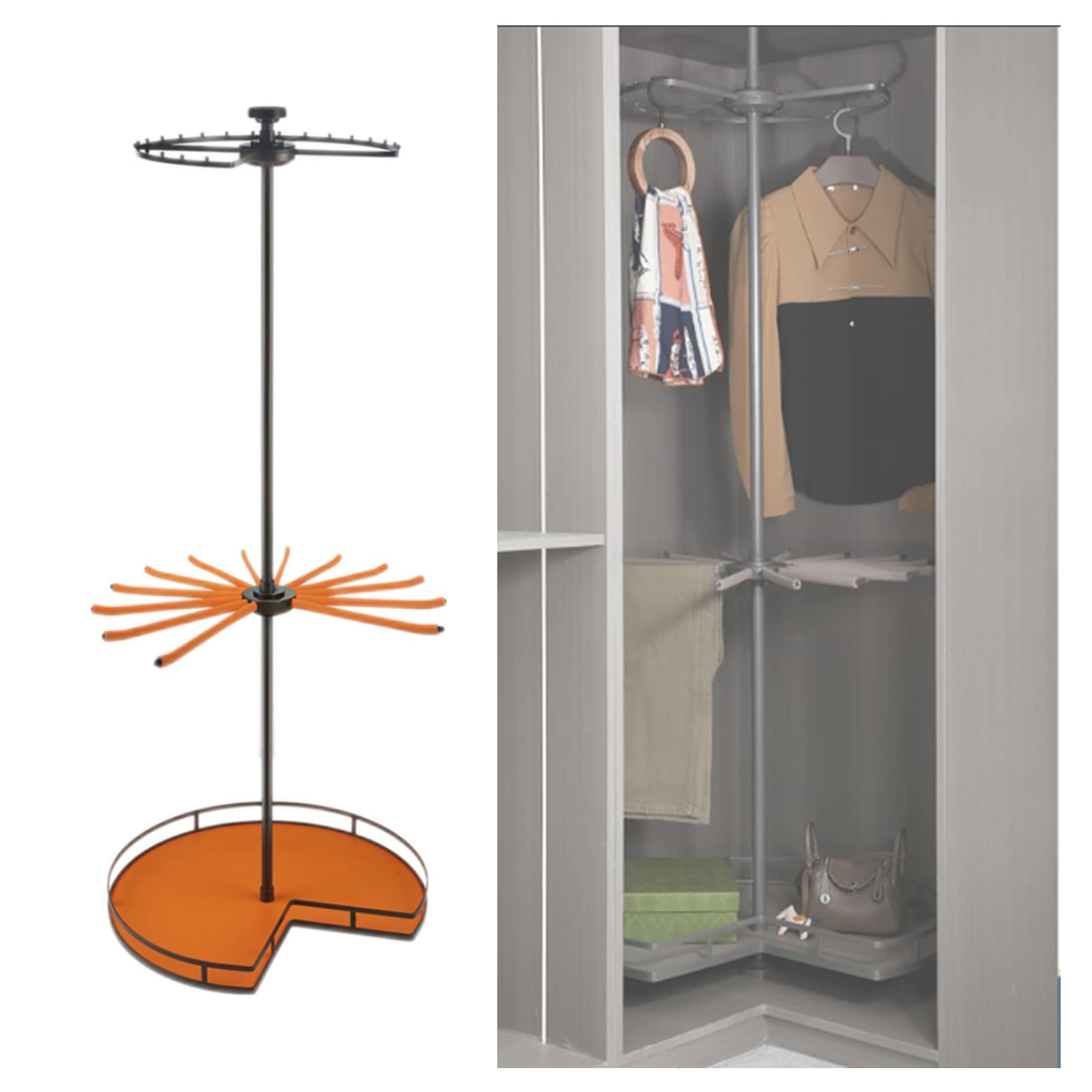 Portable Rotating Clothes Hanger,360° Rotating Round Closet Rod,Cloakroom Corner Storage Organizer,60kg Load Capacity for Bedroom Living Rooms(Orange,1850-2100mm)