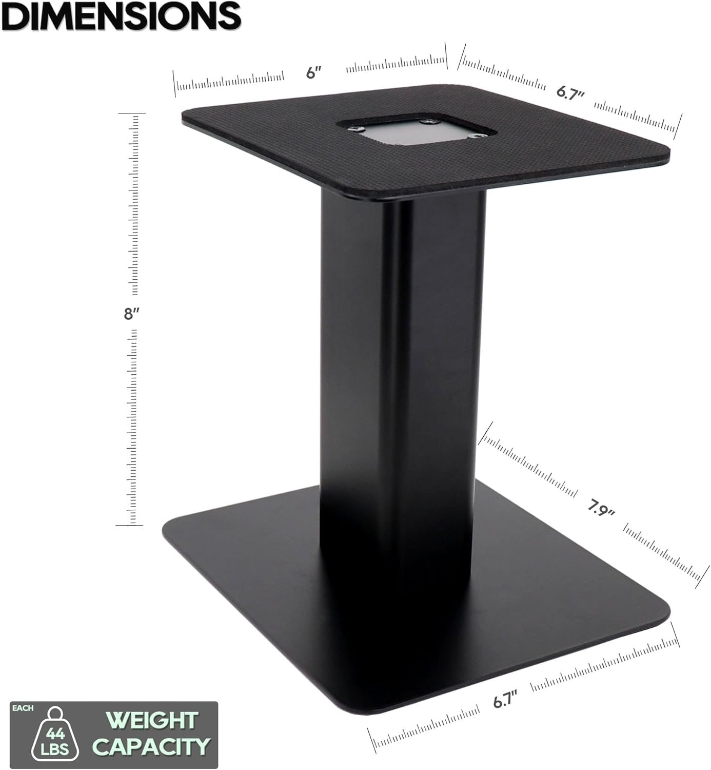 Desktop Speaker Stands (Pair)- Heavy Duty 6” x 6.7” Metal Tray, Sturdy Flat Base Compatible with Any Desk, Compact Size for 3" to 4" Monitor Speaker, Bookshelf Speaker, 8" Tall/Black