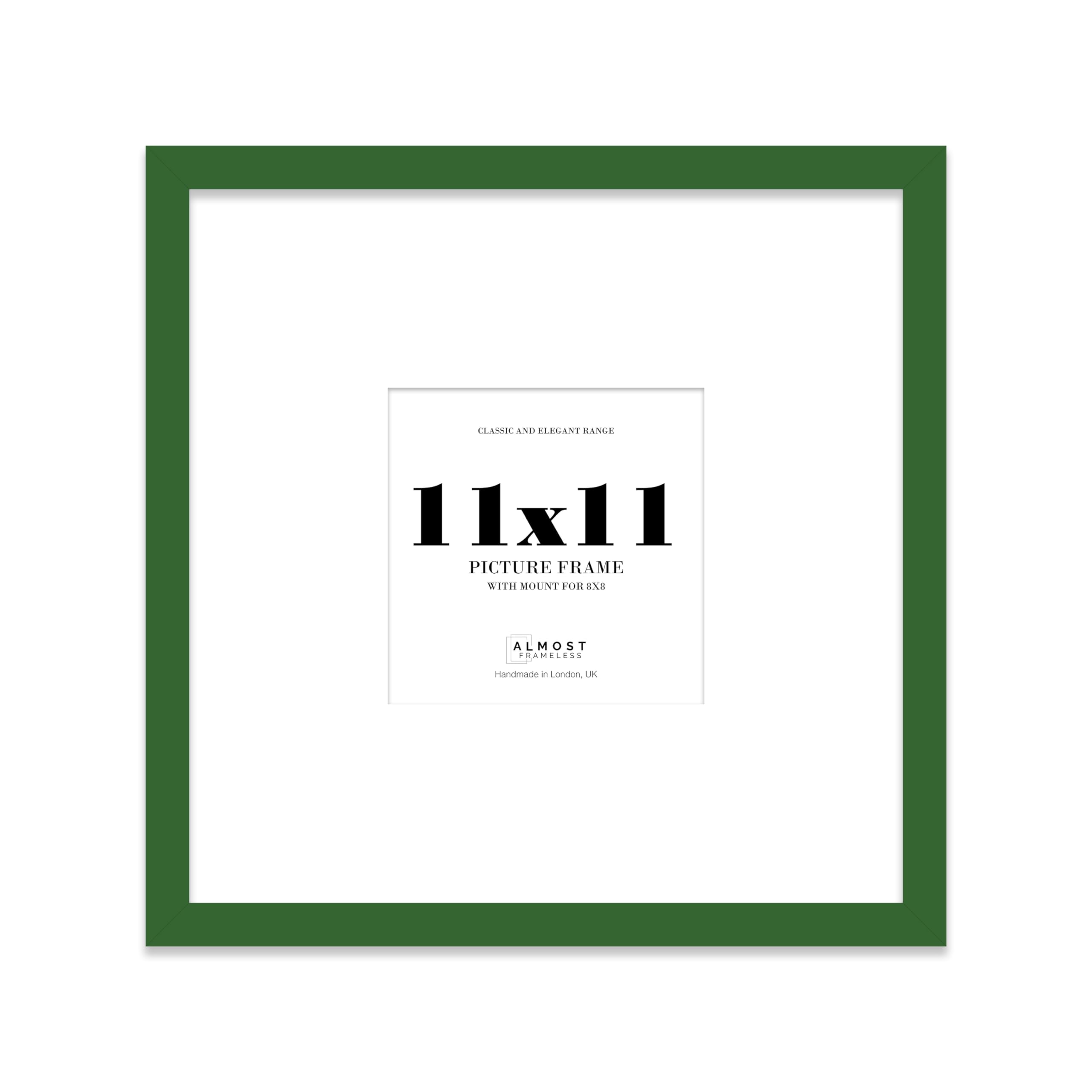 Almost Frameless 11x11 Square Picture Frame, Display Pictures 8x8 With Mat or 11x11 Without Mat, Wall Hanging & Free Standing Photo Frame, Green, 1 Pack