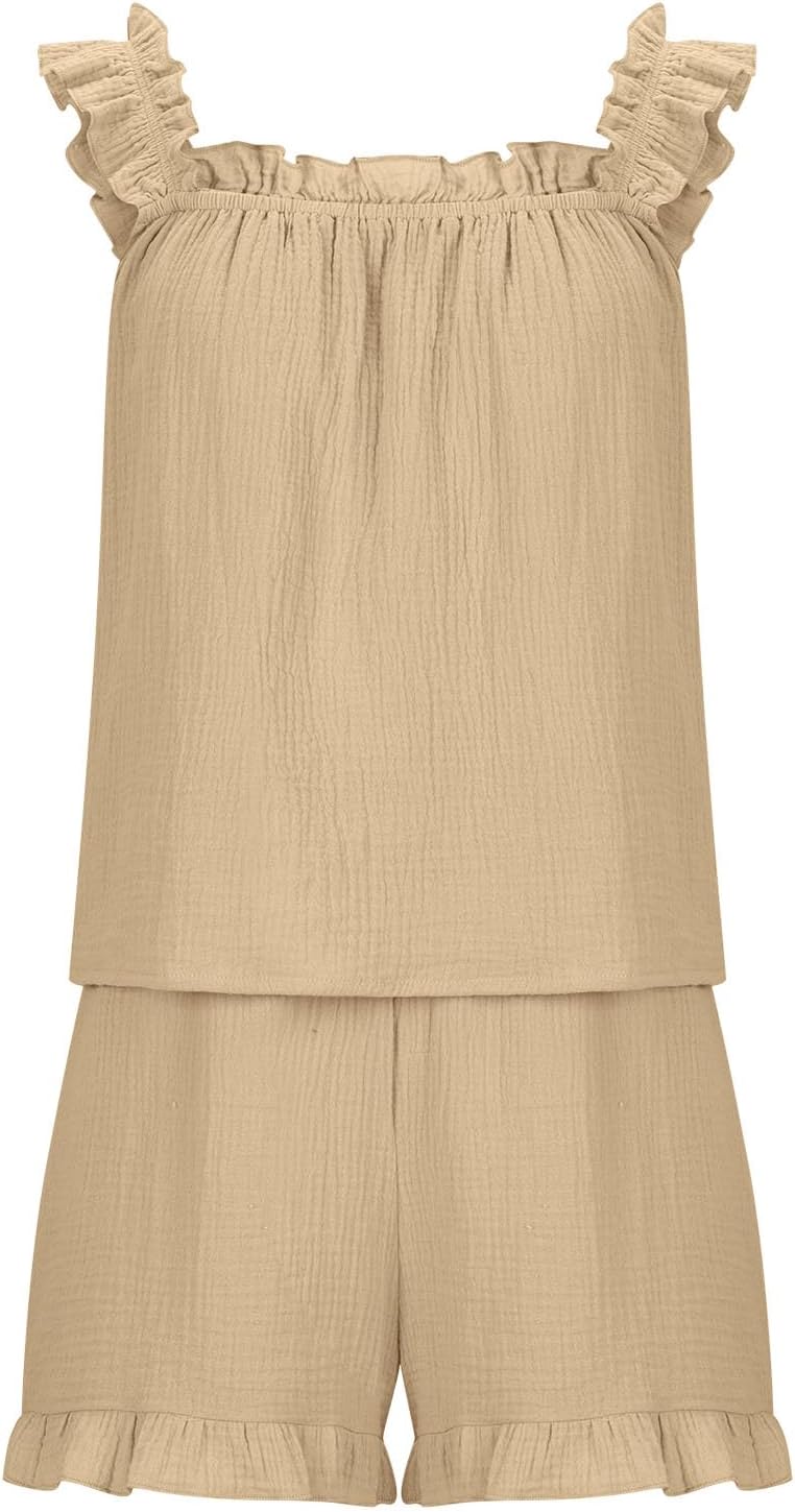 chouyatou Women's Summer Pajamas Set 2 Piece Ruffle Cami Top and Shorts Sleepwear Set Cotton Pj Lounge Set - Image 4