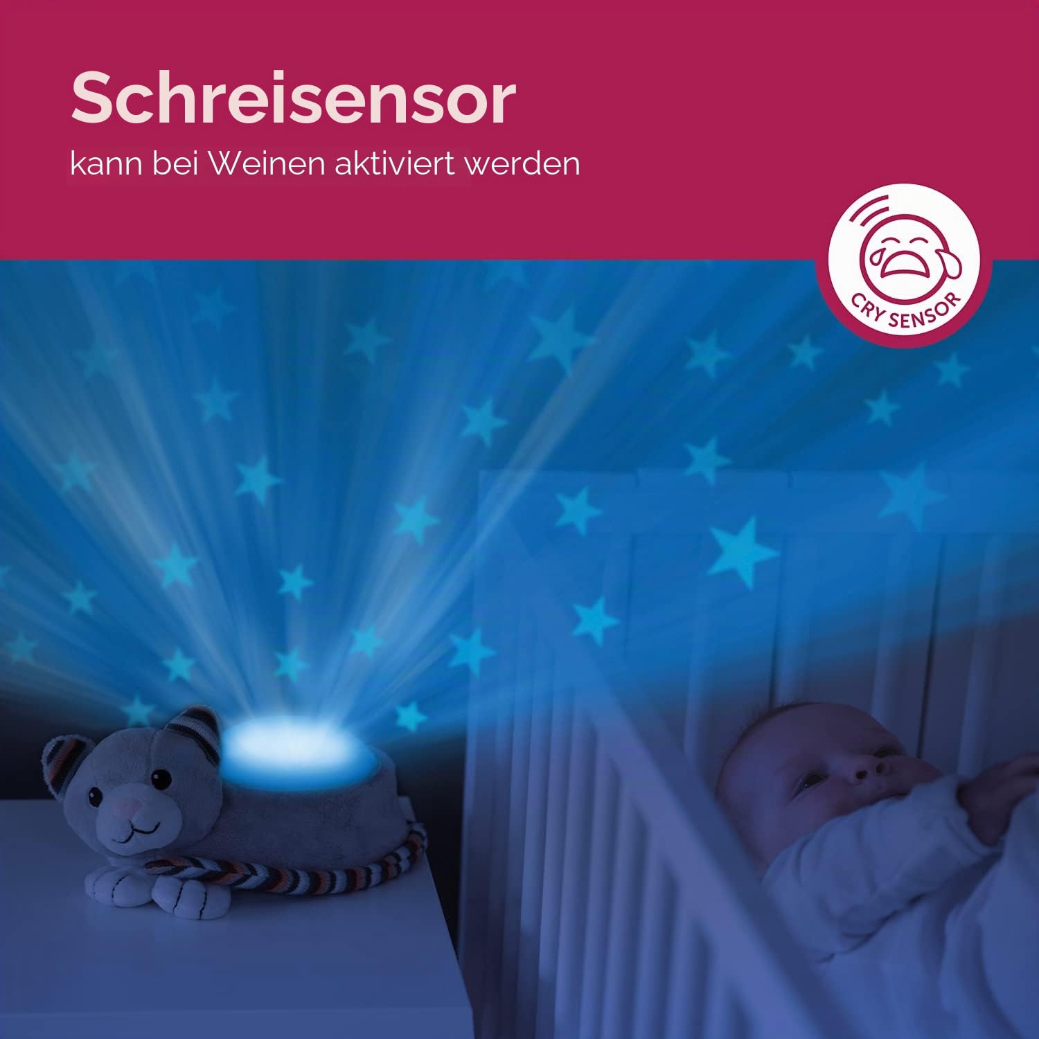 ZAZU Kiki The Kitten Projektor - Baby Lichtprojektor mit beruhigenden Melodien (Herzschlag-Sound, Naturgeräusche oder Lounge-Musik) | Schrei-Sensor | Automatische Abschaltung | waschbar