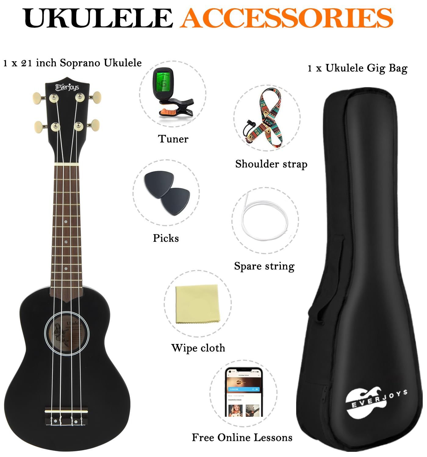 Everjoys Ukulele Soprano per Principiante Adulto Ukulele da 21 Pollici con Borsa, Accordatore, Corde Aggiuntive, Cinturino, Plettri, Nero