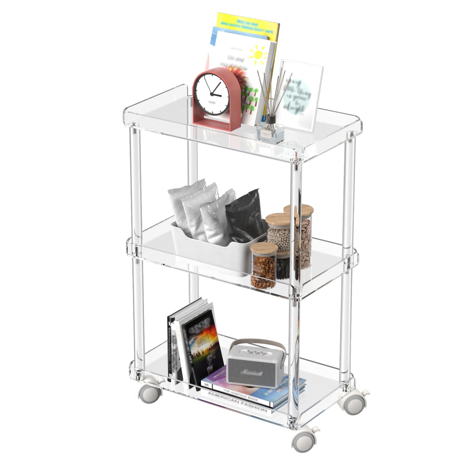 AquiverAcrylic Slim Storage Cart - 3 Tier Utility Rolling Cart - for Kitchen, Bathroom, Living Room, Laundry, Narrow Places - 15.6'' L x 8.7'' W x 23.6'' H