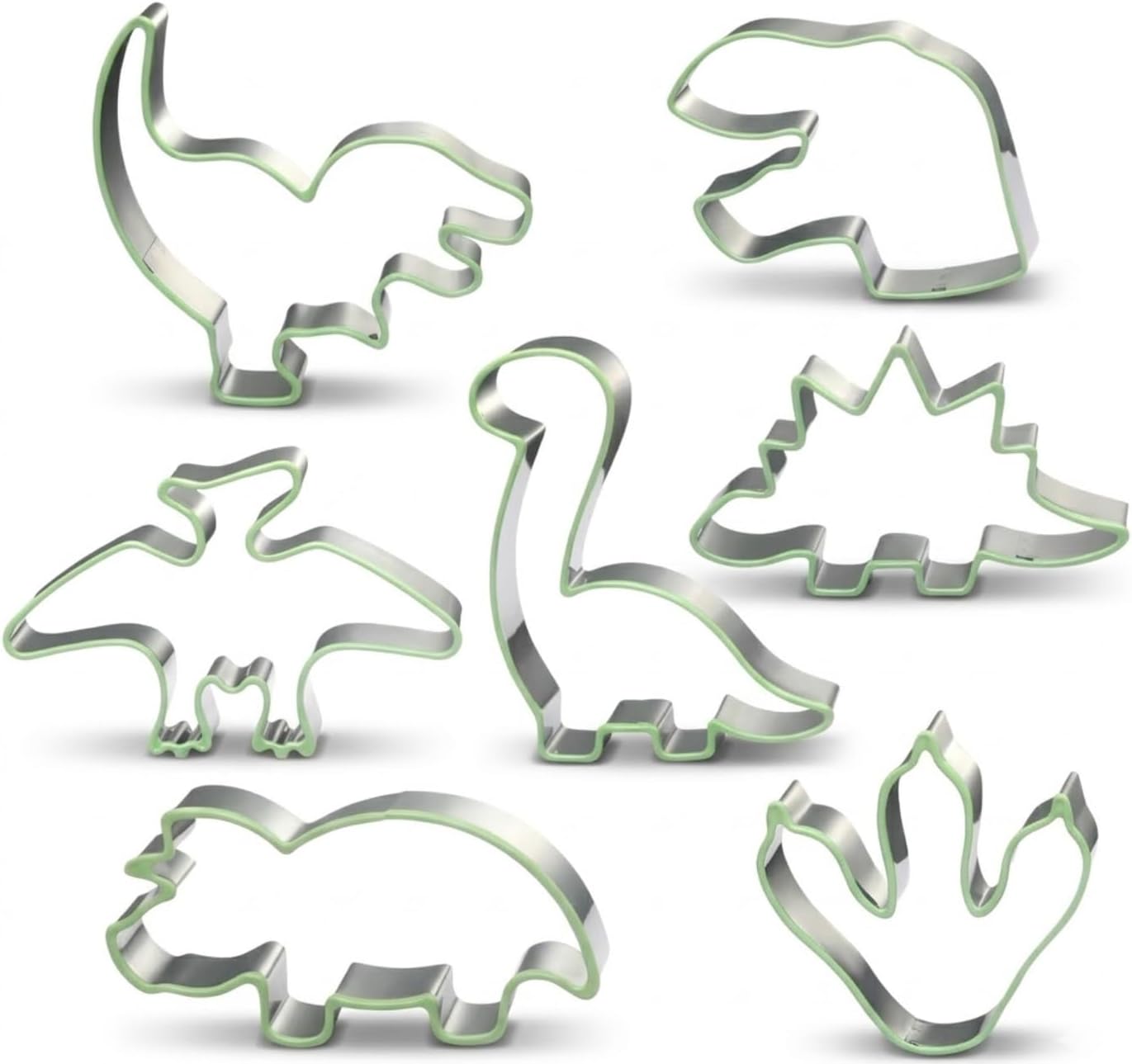 New 7 Piece Dinosaur Cookie Cutters Set with Silicone Protective Rim, Dishwasher Safe Stainless Steel Cookie Cutters for Cookies, Fondant, Sandwiches, Biscuits, Pancakes and Pastries