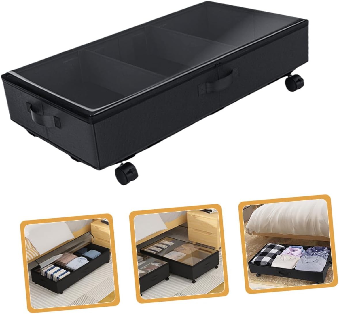 Sewroro Bed Storage Container with Wheels 3-grid Oxford Cloth Multipurpose Storage Case Zippered Dustproof Organizer for Clothes Quilts Bedroom