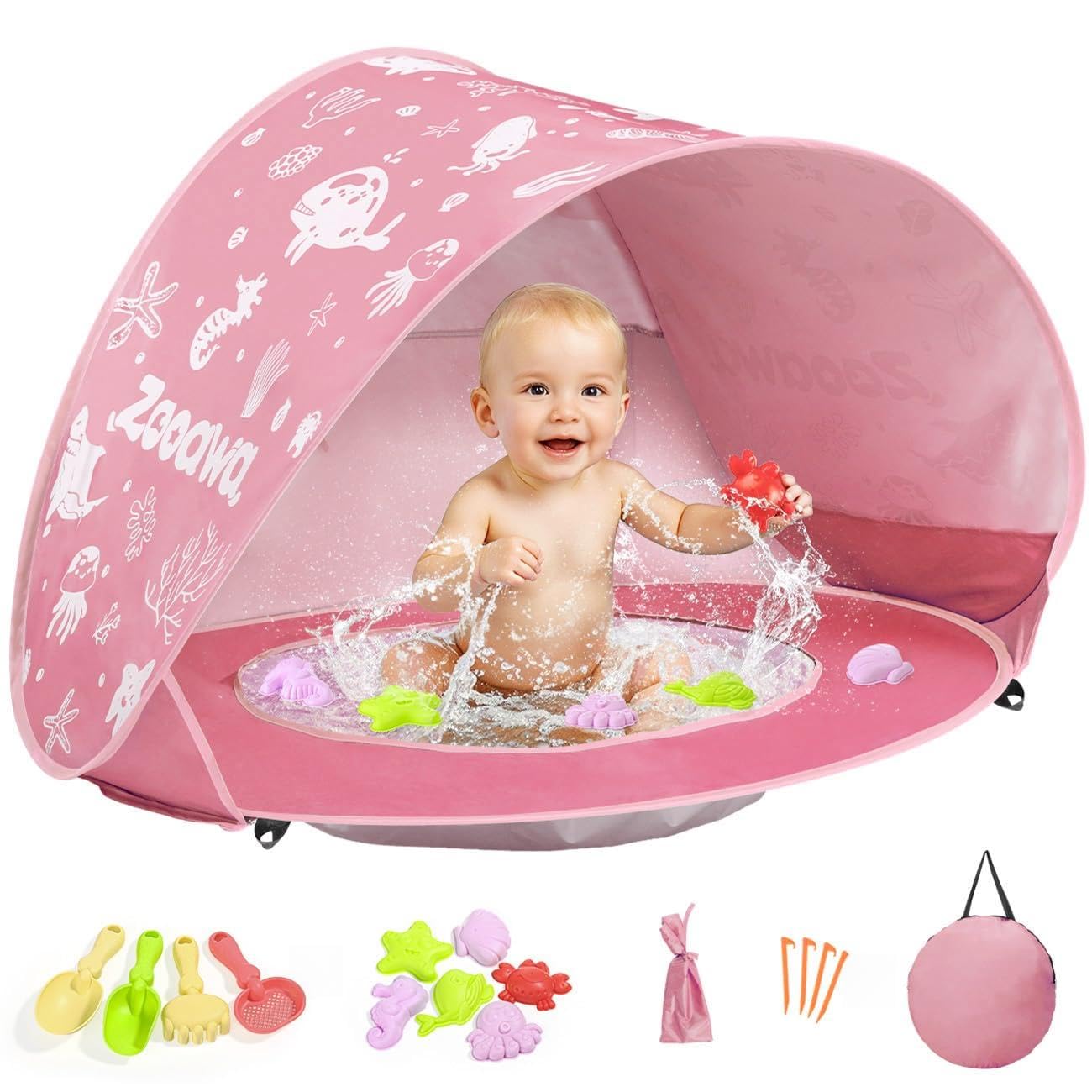 Zooawa Strandmuschel Pop Up Baby Strandzelt Strandmuscheln,Tragbar Baby Strand Zelt mit Mini Pool UV-Schutz 50+ Sun Windschutz Shelter für Kleinkinder mit Strand Sand Spielzeug Set,Hellrosa