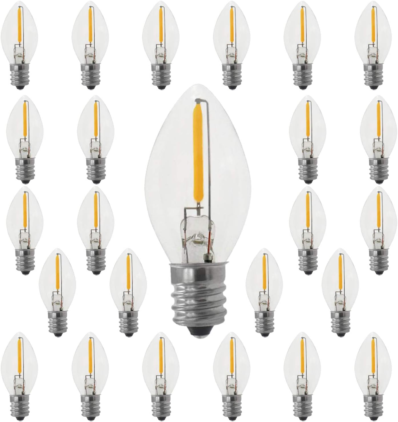 C7 LED Night Light Bulbs, C7 E12 Led Replacement Bulbs for Christmas String Lights, Christmas Tree Salt Lamps, E12 Candelabra Base, 0.6W Equivalent to 7W, 2700K Warm White, 25 Pack - Amazon product rated Grade B