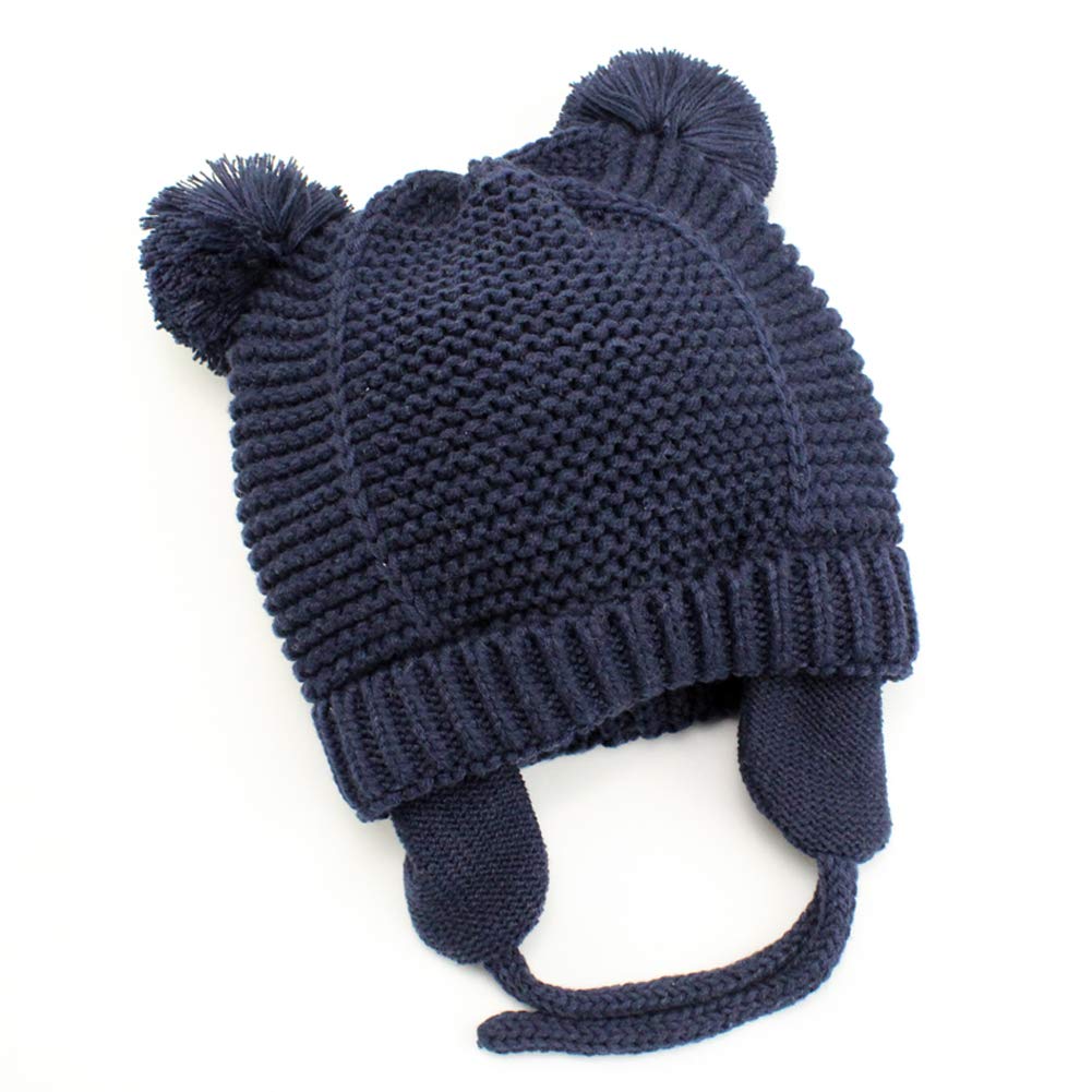 Baby Beanie Earflaps Hat - Infant Toddler Girls Boys Soft Warm Knit Hat Kids Winter Hat with Fleece Lining (Dark Blue,S)