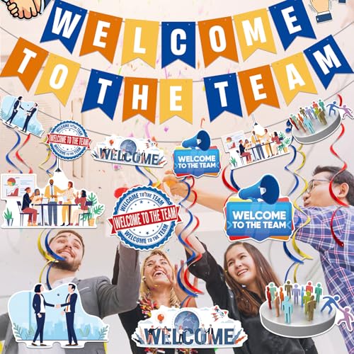 Image of Welcome To The Team Banner and Hanging Swirls, Welcome Banner, Welcome Decorations for New Employee Coworker Teacher Colleague Staff Team Member Office Party