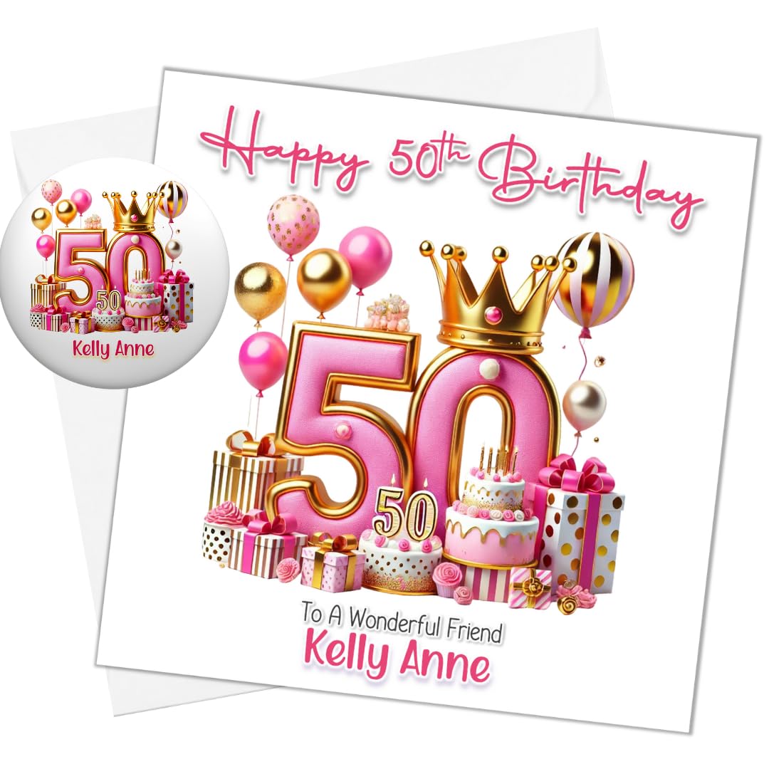 Personalised 50th Female Birthday Card with matching Badge for Friend Daughter Sister Niece Auntie Mum Grandma Fifty Today Fiftieth Womans Card for Her (Card & Button Badge)