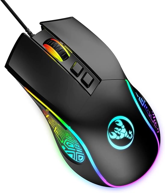 Przewodowa Mysz do Gier HXSJ X100,Ergonomiczne Myszy do Gier z 7 Kolorami Podświetlanymi Diodami LED, Mysz Komputerowa z Regulowanym Czujnikiem Optycznym 3600 DPI, na PC,laptop,Mac,Gra - Czarny