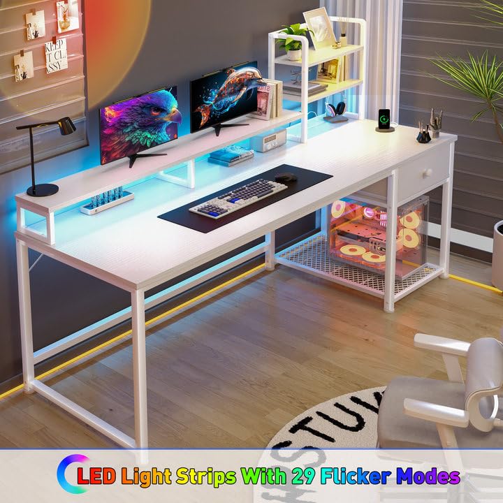 Image of 55 Inch White Computer Desk with Drawers and Hutch,Reversible Home Office Desk with Monitor Shelf,Gaming Desks with USB Power Outlets&Storage,Writing Study Table for Bedroom with LED Lights,White