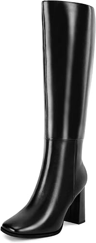 Coutgo Womens Wide Calf Knee High Boots Chunky High Heel Square Toe Fashion Leat