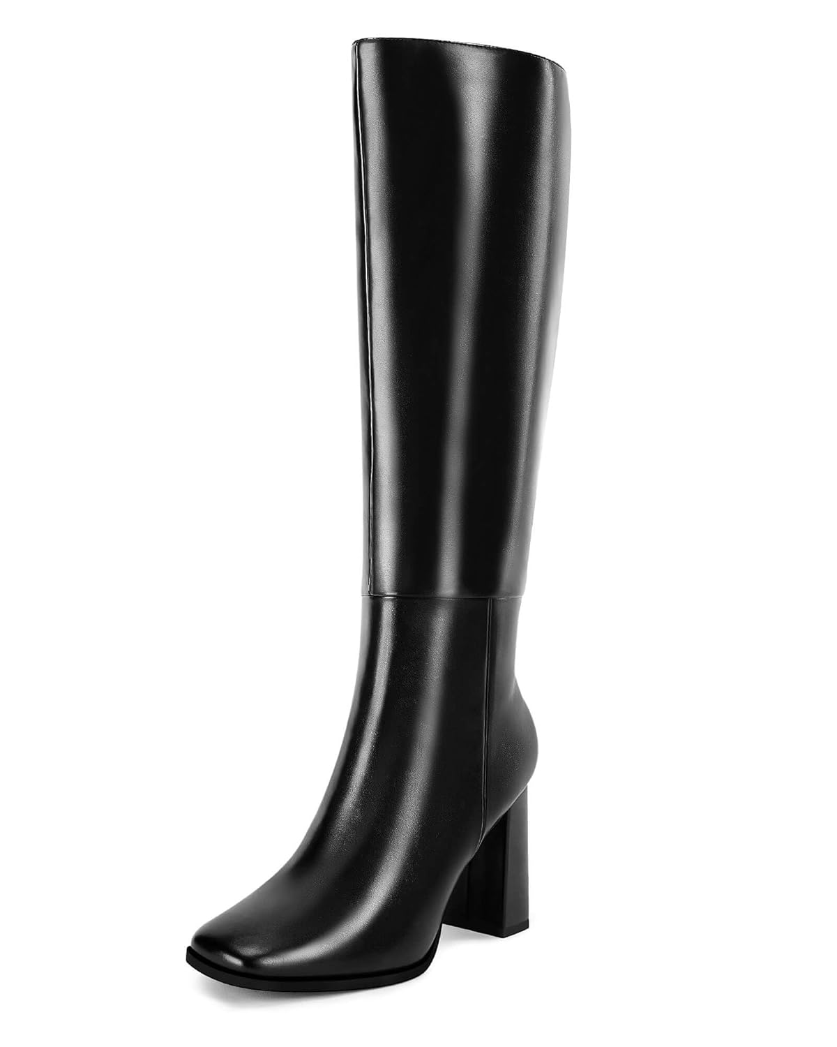 Coutgo Womens Wide Calf Knee High Boots Chunky High Heel Square Toe Fashion Leather Shoes with Side Zipper