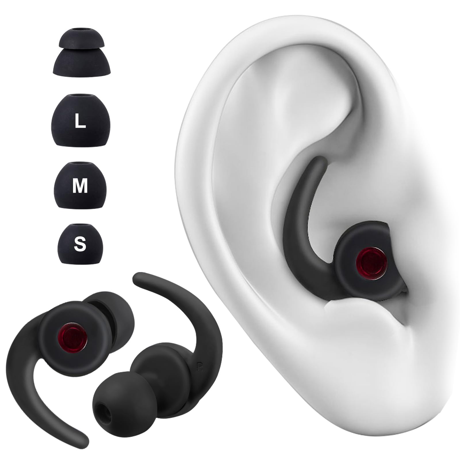 EzavanEar Plugs for Noise Reduction, Concert Ear Plugs, Comfort Fit Silicone Reusable Ear Plugs for Hearing Protection, with 8 Ear Tips in S/M/L/Dual Layers (Black)