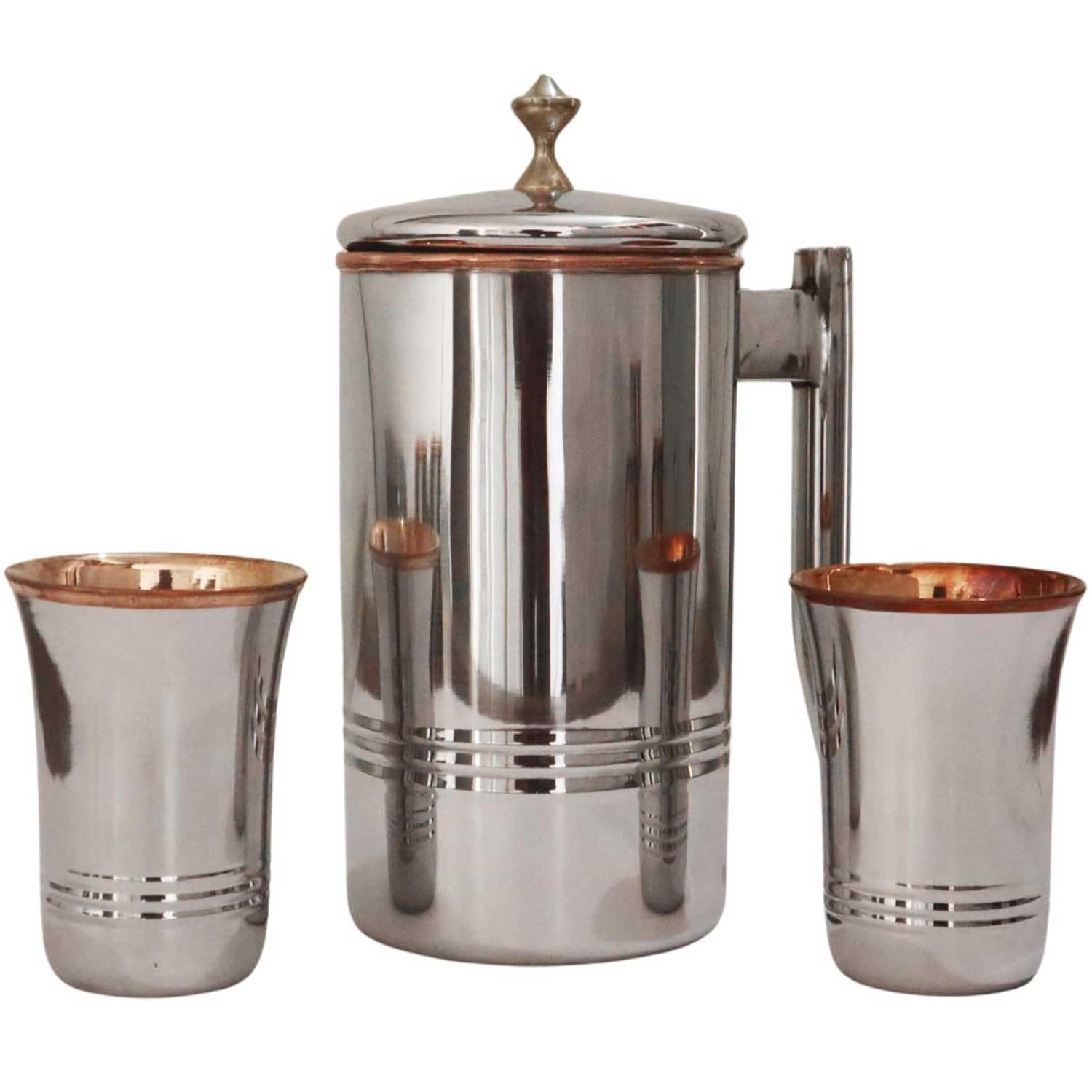 Pichet à eau en acier inoxydable et cuivre pur avec 2 gobelets assortis pour la santé ayurveda (bouton en laiton avec verre long)